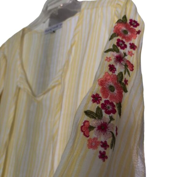 Sweet Violet Yellow Strip Floral Embroidered Sleeve Rayon Blouse Woman's M #BD - Picture 5 of 6